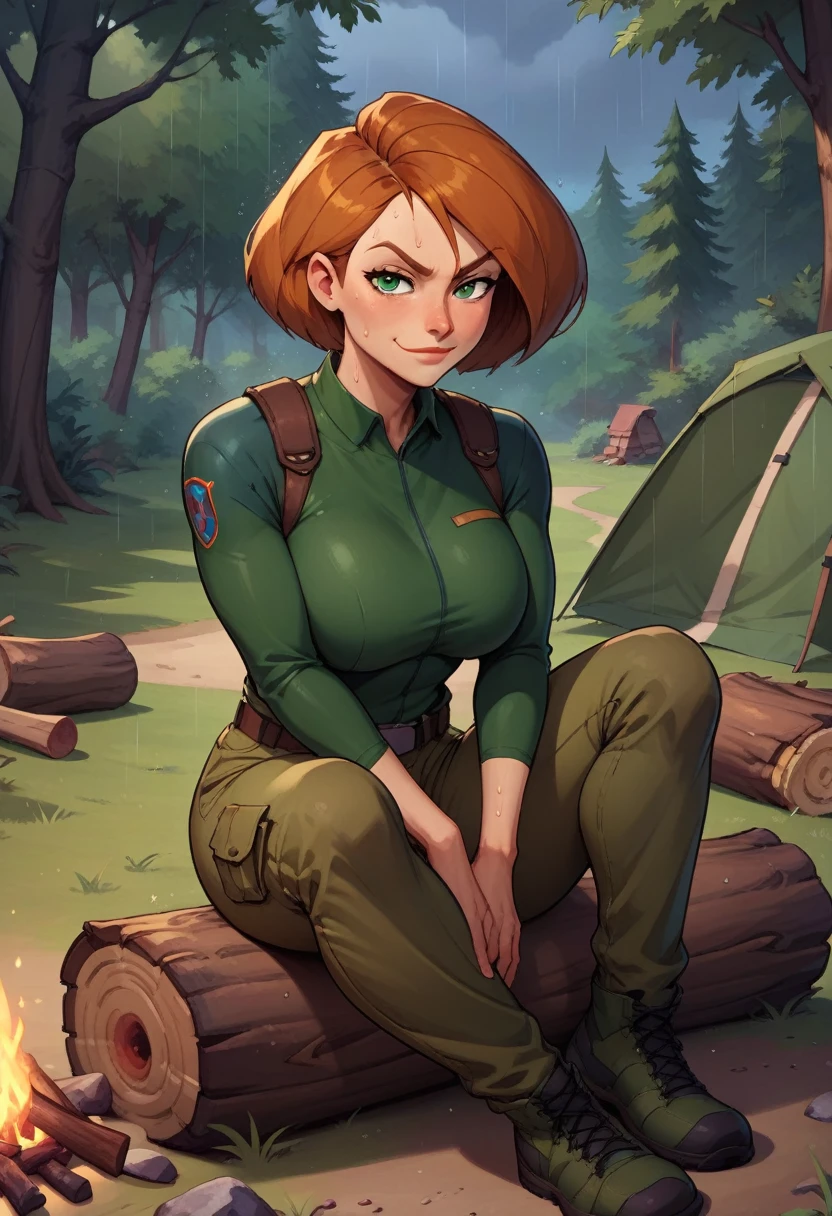 score_9, score_8_up, score_7_up, score_6_up, BREAK Ann possible, wearing hiking outfit, cargo pants, big breasts, fully clothed evil smirk, sweating, in a forest, looking at viewer, short hair, raining, setting up a tent, campfire, dark clouds, hands resting on knees, sitting on a log