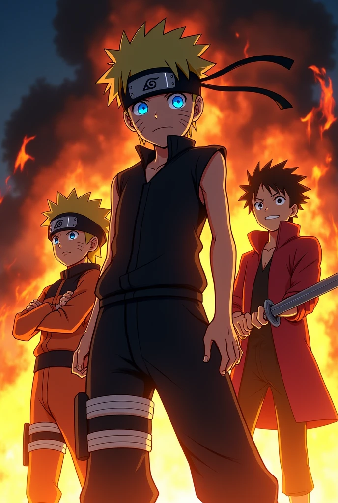 anime character Satoru Gojo, naruto, one piece in frame with fire background and sword