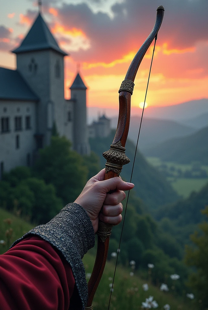 CG ink painting style,middle Ages,First-person perspective,In the foreground is a hand holding a crossbow.