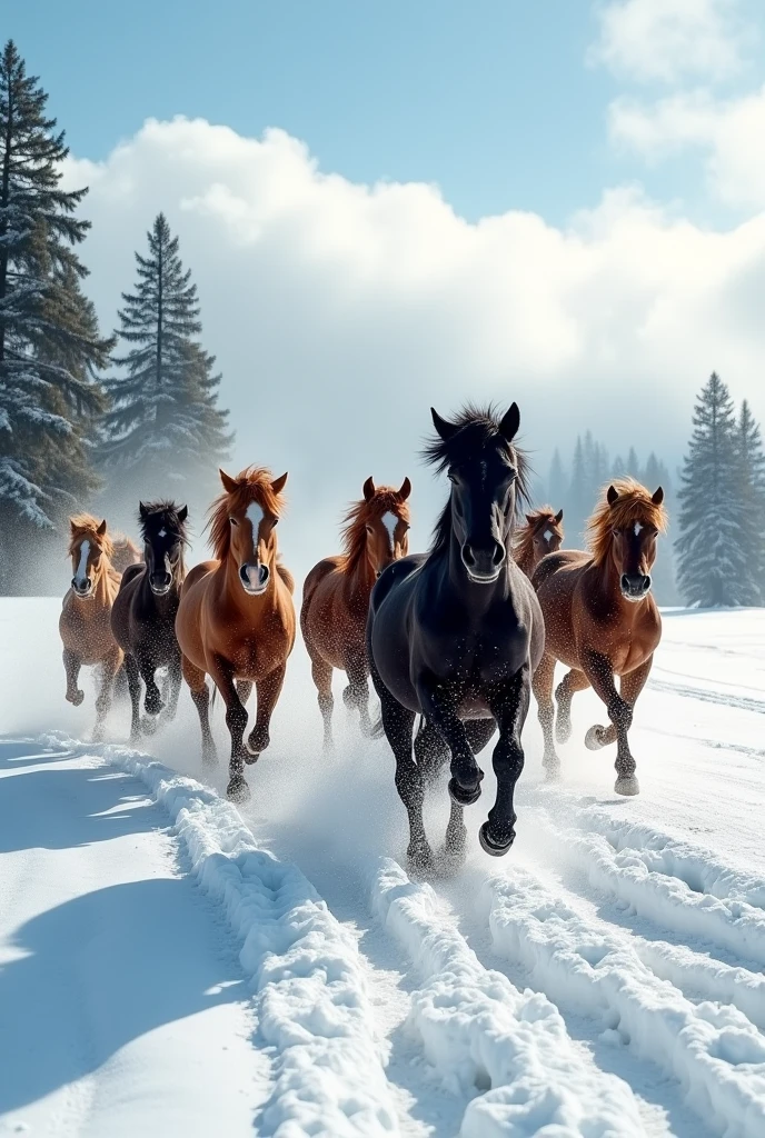 Wild horses running in the snow
