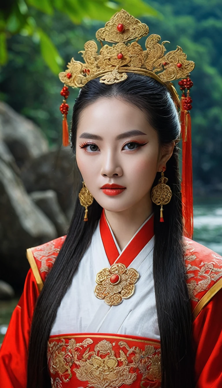 Character Dong Phuong Bat Bai, work Tieu Ngao Giang Ho by Kim Dung, China, ancient swordplay film. ((Close-up photo)) of an extremely beautiful girl, long hair, white skin, very beautiful makeup, hair with spiritual accessories, wearing ancient Chinese costumes of red and red brocade in many colors, holding a ((long sharp sword)), wearing jewelry care, smiling face, using high-end cosmetics. The photo shows a gentle, graceful look, the girl's eyes ((look straight directly to the camera)).
The background is the rocks on the river surrounded by trees, limestone pillars, mountain river trees, majestic natural scenery, beautiful Vietnamese jungle, beautiful nature in the background, Chinese scenery, forest and river, very beautiful scenery, beautiful jungle scenery, wonderful scenery, trees and cliffs. Background of the river forest, mountain forest scenery, beautiful jungle, blue sky, white clouds.
Hong Kong cinema style. Cinematic light, high detail, 8K, artstation, artistic concept, any virtual darkness. Photo taken with Canon EOS R5 85mm f/11 camera, ((sharp)) mode of people and surroundings. Photo quality ((8K)), ((realistic)), ((masterpiece)), ((sharpest and highest contrast)), ((amazing depth of field)), ((stereoscopic light)), detailed pore defect, ((Direct light on face)), bright sunlight.