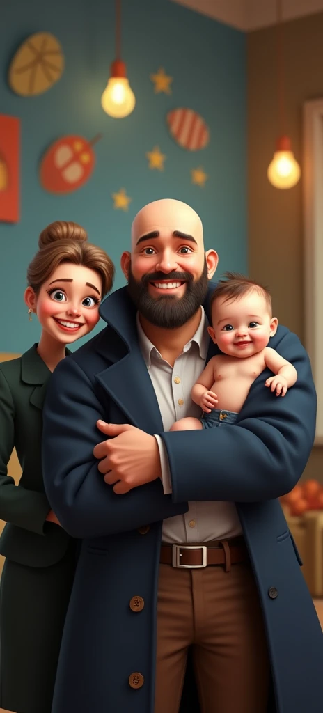 Happy family of 3 people, an adult couple and an 8-month-old baby. The father is in the center, he is wearing dark blue coat and light blue shirt and brown pants, he is the tallest, big and strong, shaved bald hair and has a medium black Viking-style beard, with light brown eyes and a big smile. The father is holding the 8-month-old baby in his left arm. The eight-month-old baby has dark blond hair and big dark blue eyes. The mother has light brown hair and light brown eyes, her hair tied up and a beautiful smile, she is very beautiful and elegant. Character should be colorful and have a fun, friendly look, with exaggerated, expressive features. Pixar style. use the photo as a perfect copy of the family.