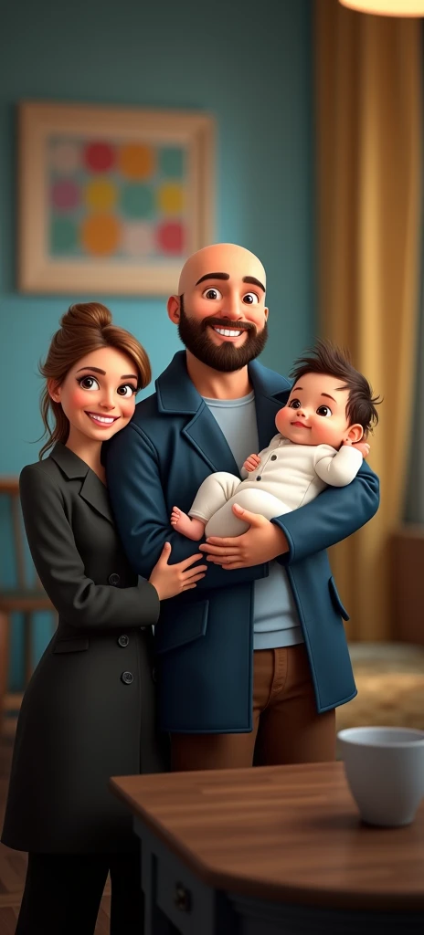 Happy family of 3 people, an adult couple and an 8-month-old baby. The father is in the center, he is wearing dark blue coat and light blue shirt and brown pants, he is the tallest, big and strong, shaved bald hair and has a medium black Viking-style beard, with light brown eyes and a big smile. The father is holding the 8-month-old baby in his left arm. The eight-month-old baby has dark blond hair and big dark blue eyes. The mother has light brown hair and light brown eyes, her hair tied up and a beautiful smile, she is very beautiful and elegant. Character should be colorful and have a fun, friendly look, with exaggerated, expressive features. Pixar style. use the photo as a perfect copy of the family.