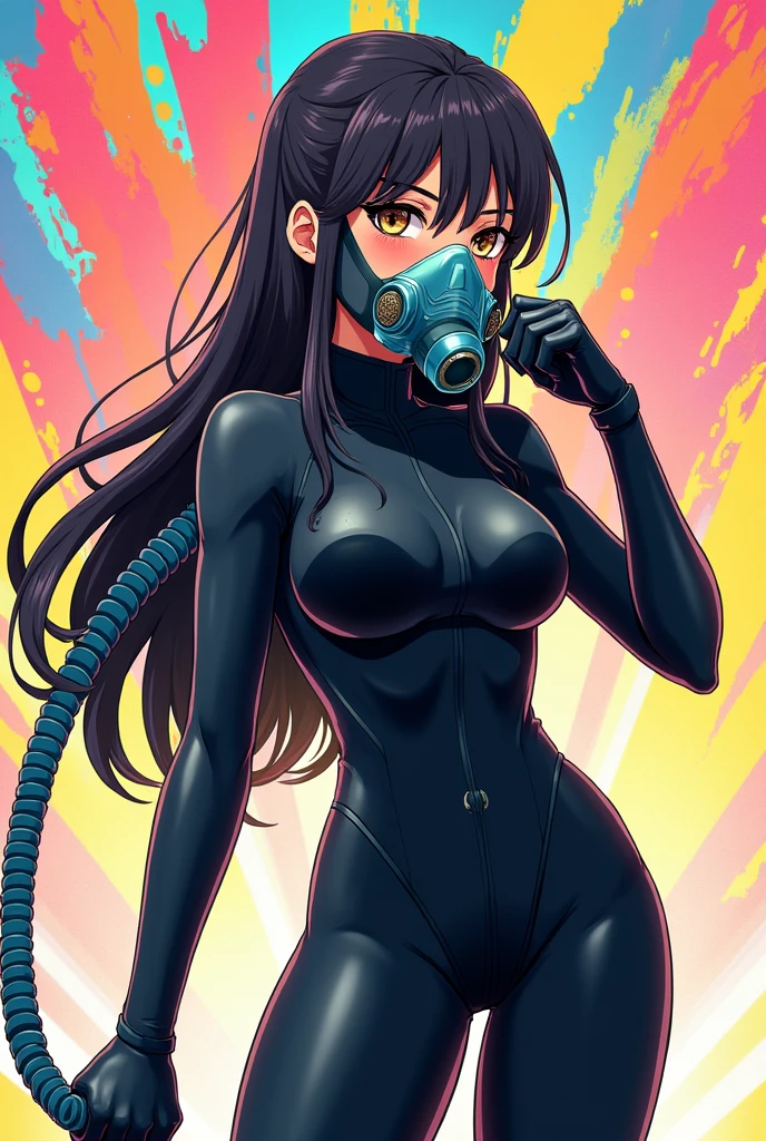 An I-cup elementary school girl in a tight-fitting black rubber suit is wearing an oxygen mask with no goggles but a hose. Not underwater. Anime-style illustration