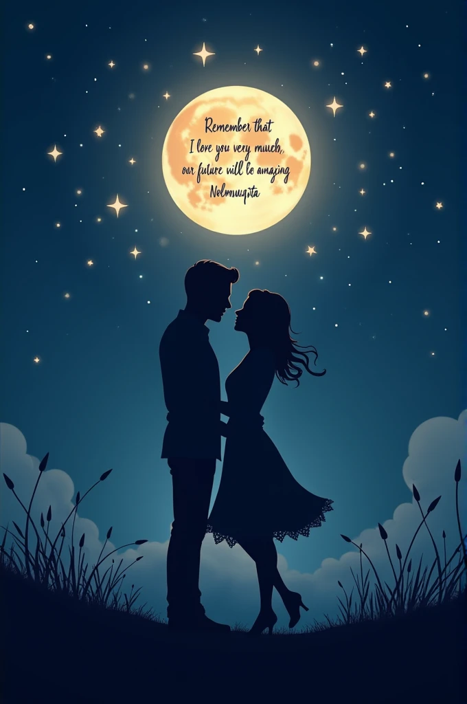 V Create an image that commemorates the first month of dating with a message that says"Remember that I love you very much, our future will be amazing, Nolmuqta" and a full moon in the background, with stars