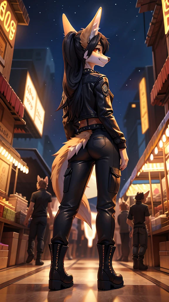 A beautiful, (masterpiece), high quality, perfect lighting, highly detailed CG Unity 8k wallpaper, high resolution, perfect lighting, youthful, adolescent, slim, tall skinny, frail slender figure, distinctly feminine figure, narrow hips, close-up shot, huge plump , Anthropomorphic jackal character, CG Unity, youthful, tall, slim, beautiful feminine figure, narrow hips, fluffy fuzzy volumetric black and tan fur, long pointed ears with gold hoop earrings, tailored leather jacket with metallic accents, layered necklaces, cargo pants with utility pockets, ankle boots, long black hair in a long ponytail, warm amber eyes, relaxed smile, behind view, looking back, neon-lit market, futuristic stalls glowing in the background, agile kneeling, long fluffy tail