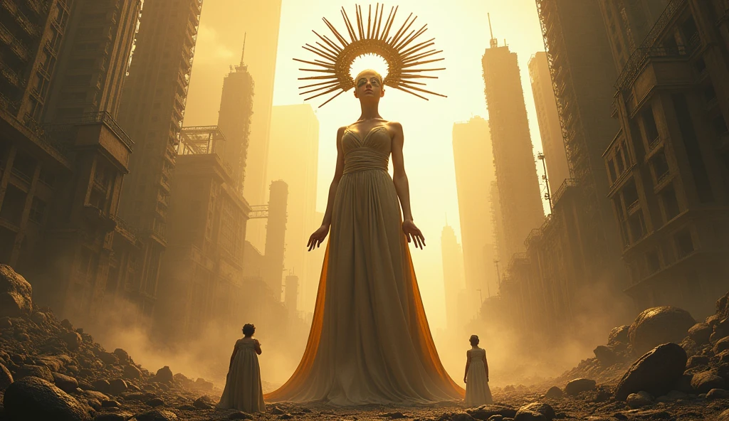 Low angle shot from below of A towering, demigod stands in a post-apocalyptic cityscape, dominating the scene with its imposing presence. The demigod is a tall, stylized female figure with a blindfold covering her eyes, symbolizing perhaps justice or a higher power. The figure is adorned with a large, radiant golden halo made of sharp, metallic spikes that encircle her head, creating a divine yet intimidating aura. Her arms are at her sides, and she wears a long, flowing robe that cascades down her body. The background reveals a decayed, urban environment with partially collapsed skyscrapers, hinting at a world in ruin. The lighting is soft, with a warm, golden hue that contrasts with the somber atmosphere, giving the image a surreal and almost religious quality. Small human figures can be seen at the base of the demigod, emphasizing the colossal scale of the demigod