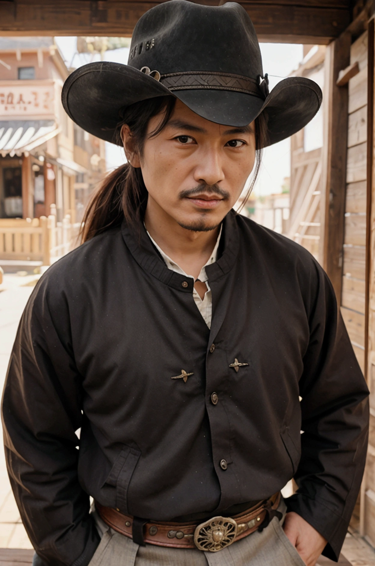 Small American West Village from the 1800s。Oda Nobunaga wearing a cowboy hat10of age