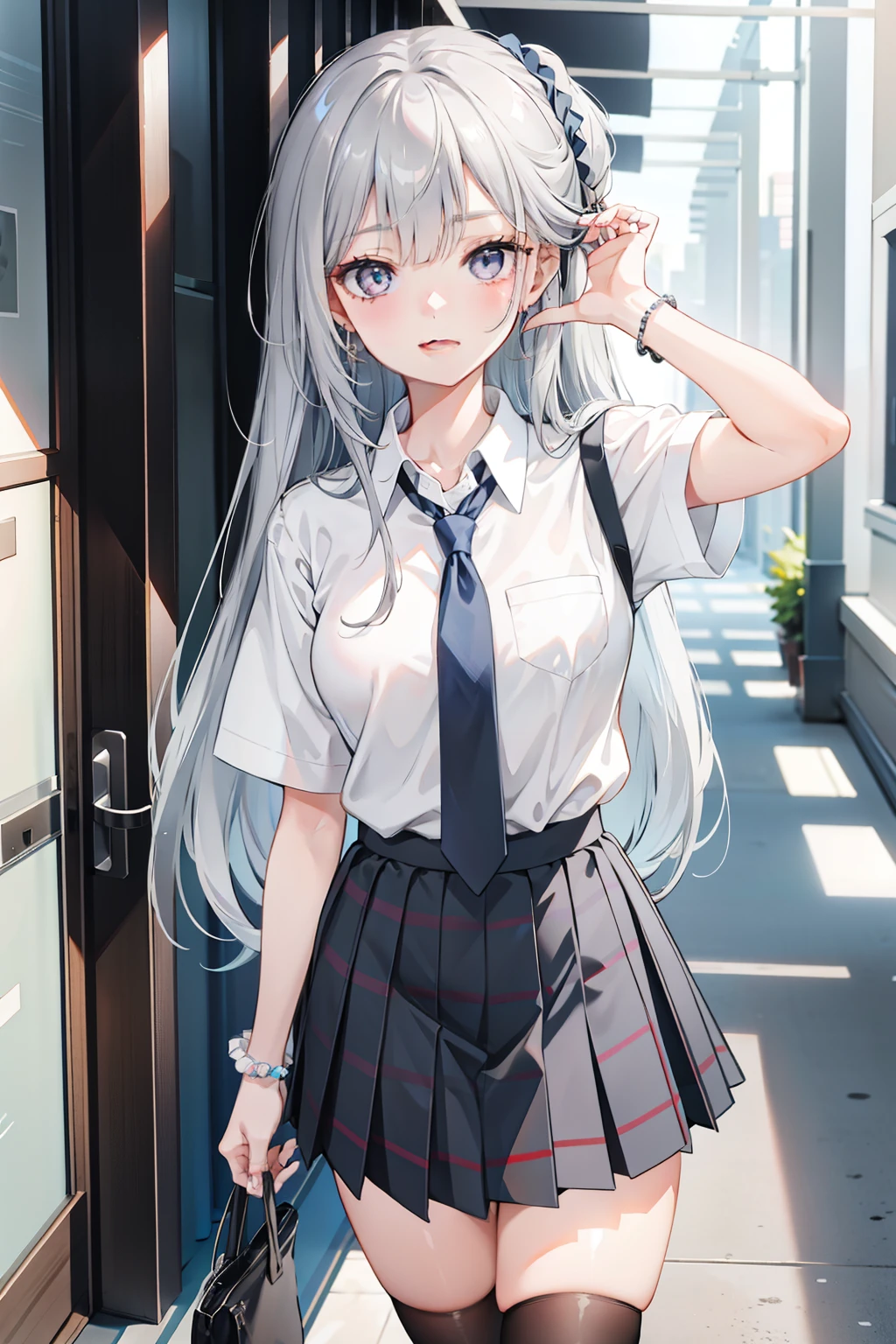 1girl, long hair, grey eyes, long grey hair, loose necktie, school uniform, white collared shirt, (blue skirt:1.1), pleated skirt, plaid skirt, bead bracelet, wrist scrunchie, long fingernails, open mouth, smile, black socks, brown footwear,, (masterpiece:1.2), highres, best quality, 8k, very clear,