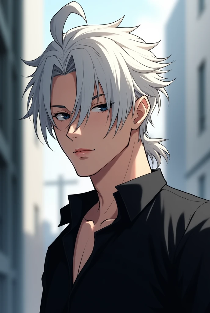 2d photo, white hair, two block mullet hairstyle, masculine, quiet, anime, black eyes, portrait, black shirt, mature, cold, cool, Korean.