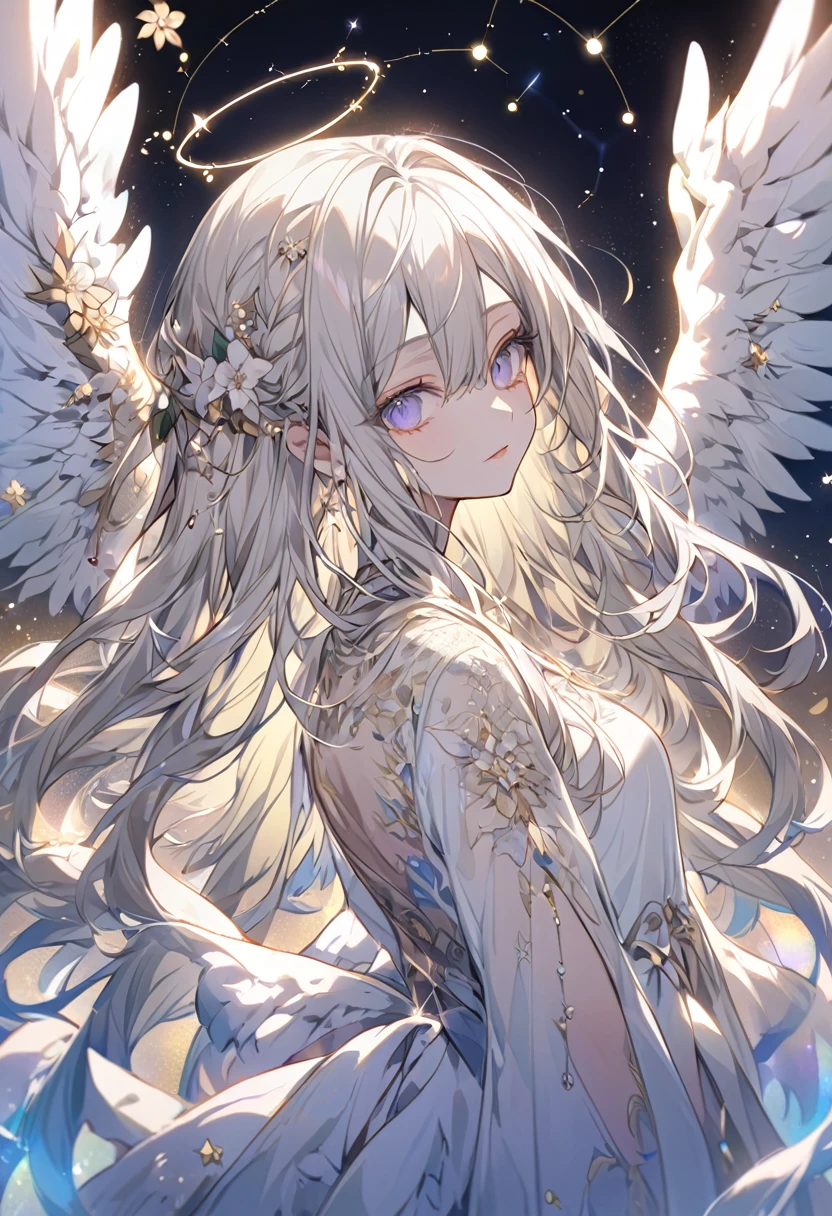 angel_wings, constellation, feathered_wings, flower, jewelry, long_hair,night_sky, sky, white_wings, wings