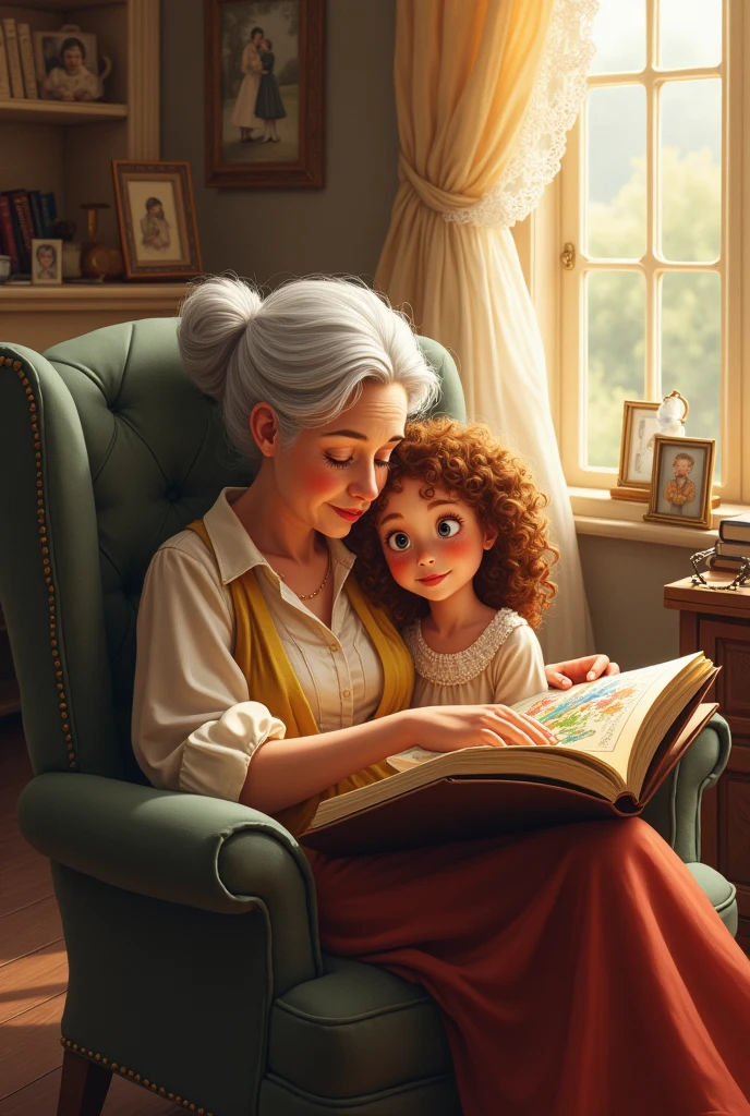 Old drawing UP grandma and granddaughter with love