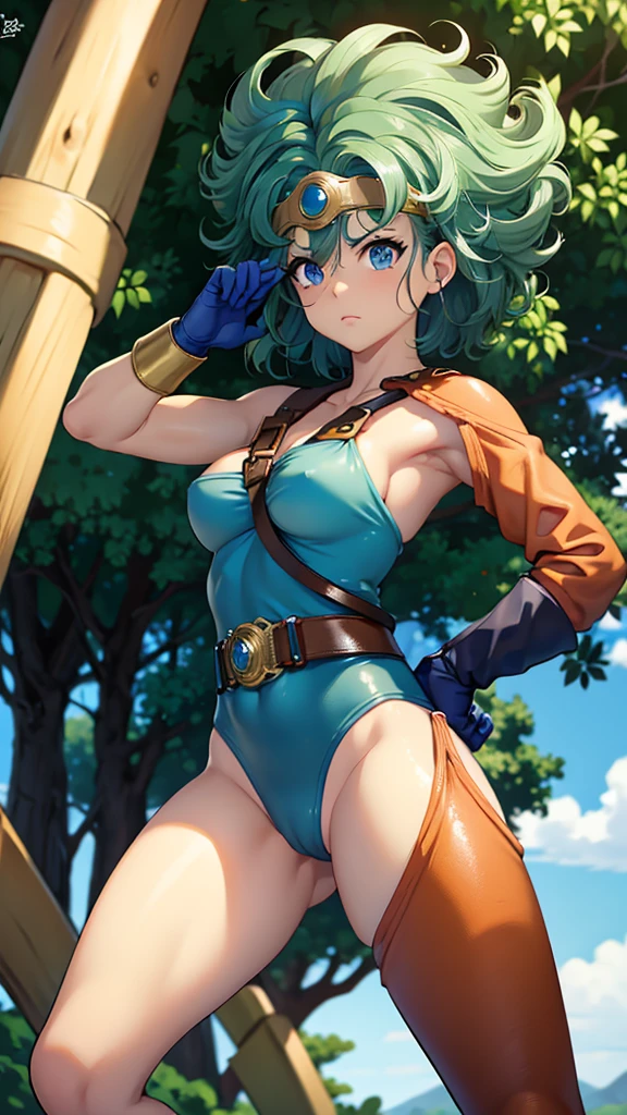 (((SFW、sound、Highest quality、Top notch work、Normal body、、Detailed face、Ultra-precision、Normal hand、のrefer、5refer、Highest)))、beautiful girl、Green Hair、yamato nadeshiko、Small breasts、Shortcuts、Blue leotard、Muscular、Red Cape、Circlet、Dragon Quest、Female Heroes、 Fight、Fight準備完了、Sweep with a sword、Please put your hands together in front of you.、Place your hands behind your back、Please put your hands on your hips、cover your chest with your hands、((Executed perfectly:Frame yourself from head to toe,Standing posture,Draws in great detail、There is no anatomical problem))、forest