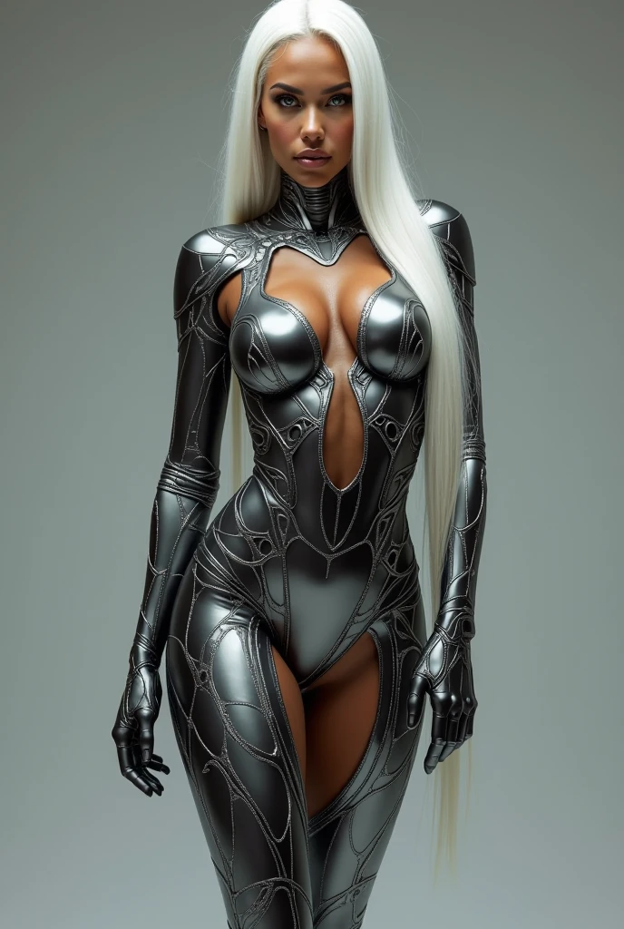 A photorealistic, full-body image of a highly sexy, futuristic female figure standing upright with her hands placed confidently on her hips. She combines the allure and elegance of a model with the face of actress Jessica Alba, along with advanced AI characteristics. Her entire body is slender and curvaceous, with a design that merges technology with human beauty. Her skin has a metallic tone with a sophisticated pattern in silver and black, seamlessly integrated to form her clothing, hugging her curves as if her skin itself is her attire. Geometric lines interlace in a design reminiscent of ultra-modern armor, accentuating her figure from head to toe. Her face is inspired by the natural beauty of Jessica Alba, with a warm, natural skin tone that blends seamlessly with the metallic textures around it, creating a striking contrast between human and AI elements. Her hair is long, straight, and pure white, falling seductively around her face and down her back, contrasting strongly with both the natural and metallic tones. Her eyes reflect advanced artificial intelligence, glowing with a metallic hue that suggests her analytical capabilities and connection to cutting-edge technology. The overall image is powerful, elegant, and extremely sexy, showing an entity that is both aesthetically beautiful and highly advanced, standing tall with her hands on her hips, visible from head to toe, with a perfect fusion of skin, technology, and sensuality."
