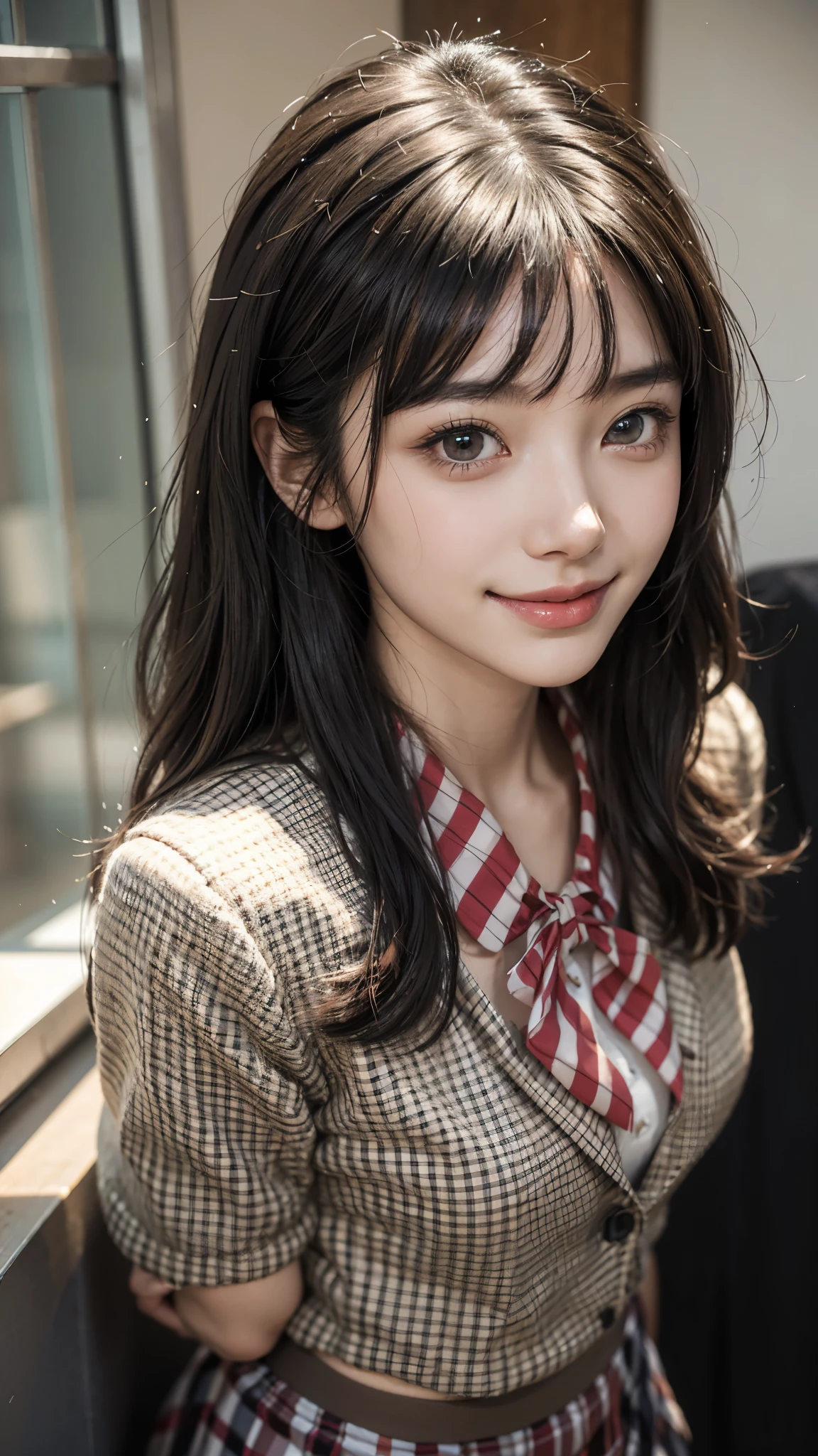 (Beautiful Woman Photo)
(Mastepiece:1.3),Slim Body,((Smileみ)),Beautiful Japanese girl,((Smile)),Beautiful face,(Lifelike face),Beautiful delicate eyes,((High School Uniform Blazer,Red checked pleated skirt)),Realistic eyes,Beautiful skin,Realistic skin texture(Real Skin)Radiant Skin,Professional Lighting,((Jet black, glossy, straight)),((Short bangs)),Black T-shirt,Mid-chest,High resolution,Sharp Focus,Ultra high definition eyes,
