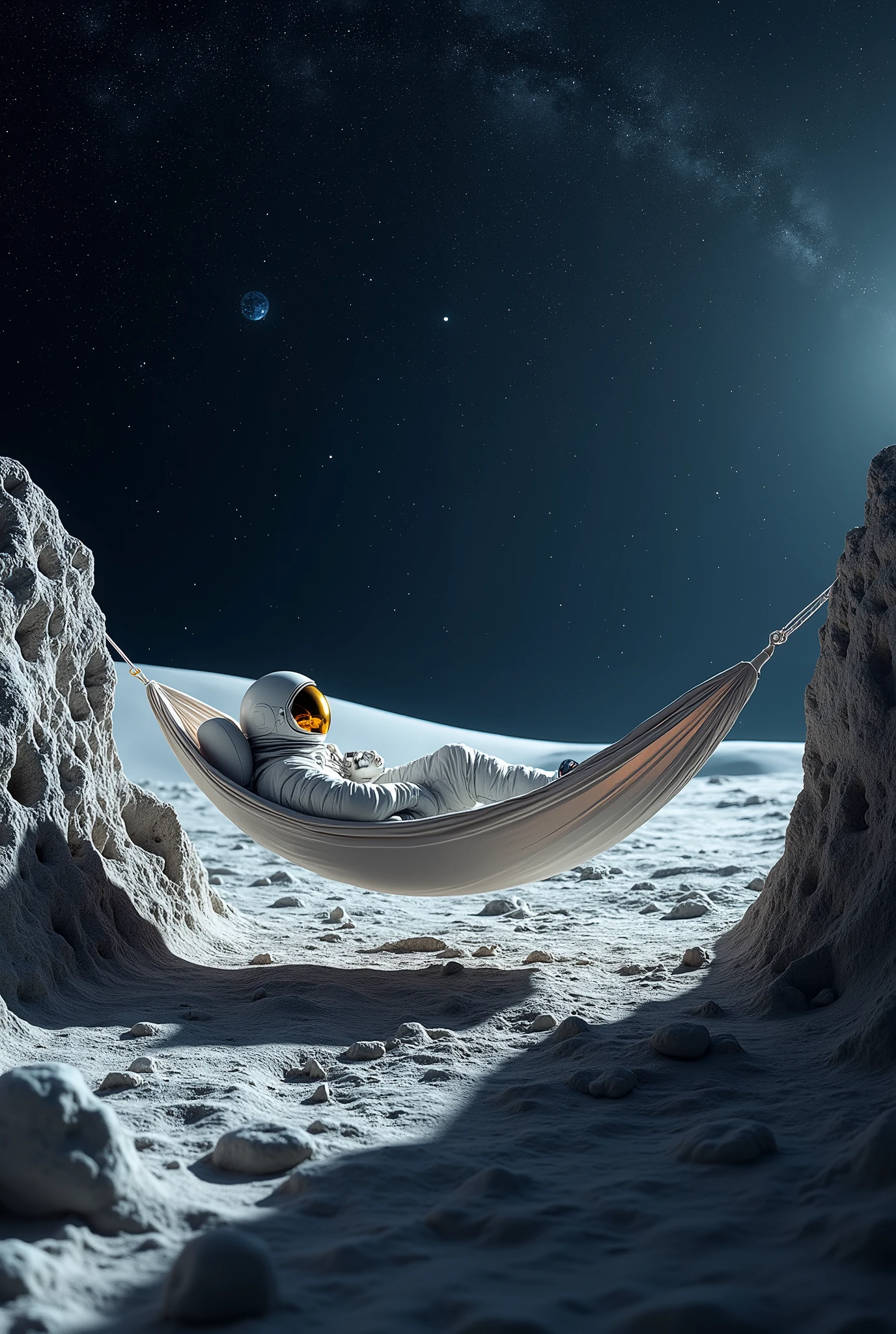 An astronaut relaxing in a hammock suspended between two lunar rocks, with the stars twinkling in the dark sky and the absolute tranquility of space around you.