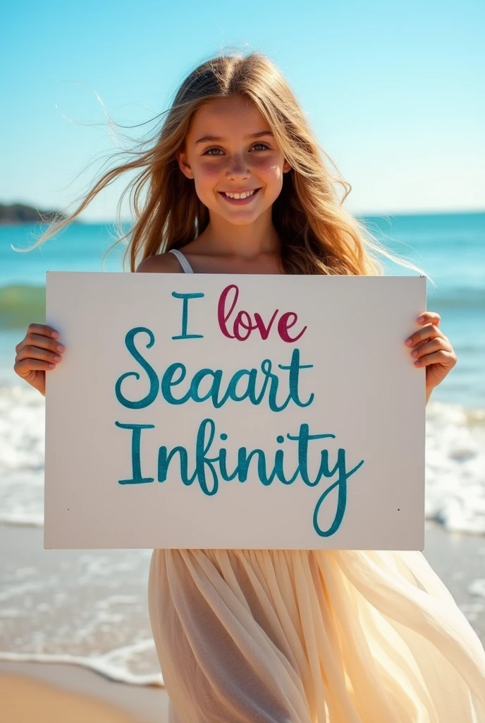 Beautiful girl with wavy long hair, bohemian dress, holding a white board with text "I Love Seaart Infinity" and showing it to the viewer