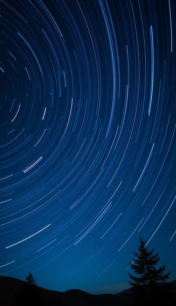 Night photography, very long exposure of starry Sky, visible stars trails and movement, North star in the middle of photo,