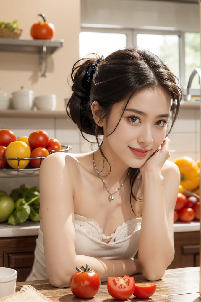 (((best quality))), (((ultra detailed))), (((masterpiece))), illustration,((a beautiful girl,solo)),(short ponytail:1.2),(flushed face:1.3),((sweat,wet)),((slim,thin)),((small breasts,flat chest)),(strapless bra:1.3),(smile:1.3), sun-kissed cheeks, sparkling eyes, casual outfit, playful patterns, light-colored,delicate necklace,summer,(in kitchen:1.3), cozy, inviting aroma, freshly chopped vegetables, simmering spices, sunlight, colorful tiles, lively atmosphere, counter, assortment of ingredients, fresh herbs, colorful fruits, variety of seasonings, wooden cutting board, juicy tomatoes, vibrant bell peppers, sleek refrigerator, stainless steel, variety of ingredients, small table, colorful tablecloth, mismatched chairs, joyful expression, carefree atmosphere, Simple pleasures, culinary masterpiece, summer sun,((from front,close-up of face))