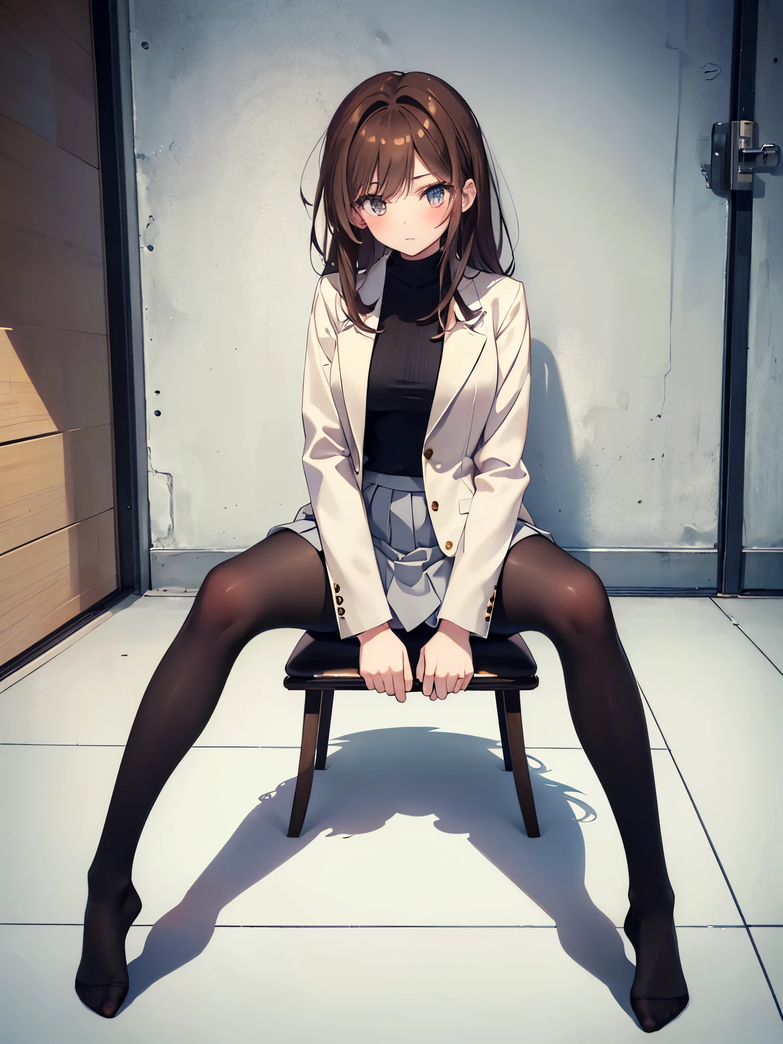 Top quality, masterpiece, High resolution, (Head to toe full body view), front, Composition from slightly below the front, Symmetric, Tall 18 year old, alone, (Head to toe), (Small breasts), Unkempt brown hair, bangs, (black tights), (Black Pantyhose), (Sit with your legs apart), (Crouching pose), (Composition showing white panties), (Her legs were spread、I see your white pants.), (I was made to sit on the floor with my legs spread...), (M-shaped legs), Thin legs, A very beautiful and tall 18 year old girl, (No shoes), blush, Shy big eyes, looking at the camera, Blazer Uniform, Checkered Pleated Skirt