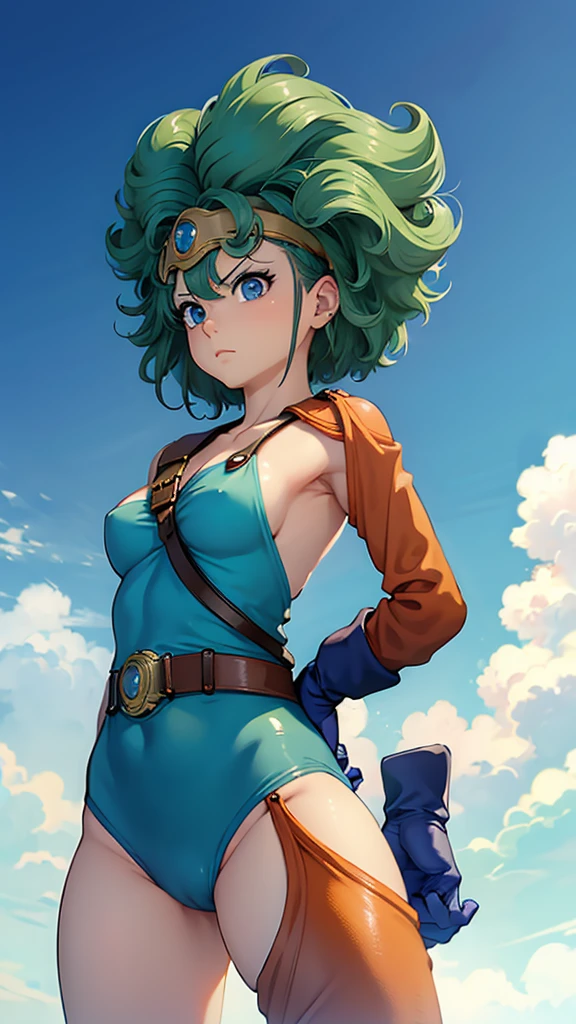 (((SFW、sound、Highest quality、Top notch work、Normal body、、Detailed face、Ultra-precision、Normal hand、のrefer、5refer、Highest)))、beautiful girl、Green Hair、yamato nadeshiko、Small 、Shortcuts、Blue leotard、Muscular、Red Cape、Circlet、Dragon Quest、Female Heroes、 Fight、Fight準備完了、Sweep with a sword、Please put your hands together in front of you.、Place your hands behind your back、Please put your hands on your hips、cover your chest with your hands、((Executed perfectly:Frame yourself from head to toe,Standing posture,Draws in great detail、There is no anatomical problem))、forest