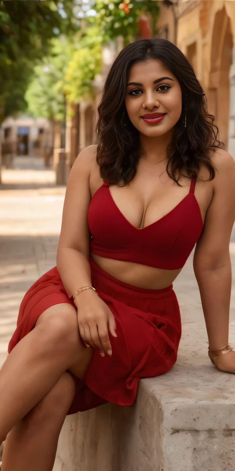 Image in 8k or higher of a beautiful Indian brunette with curly black hair full body ,warm smile with beautiful red lipstick.cinematic light,sexy red tight dress, attractive, sitting on a platform with legs crossed, attractives piernas .(sun,in the background a hyper-detailed street of Seville), short red skirt