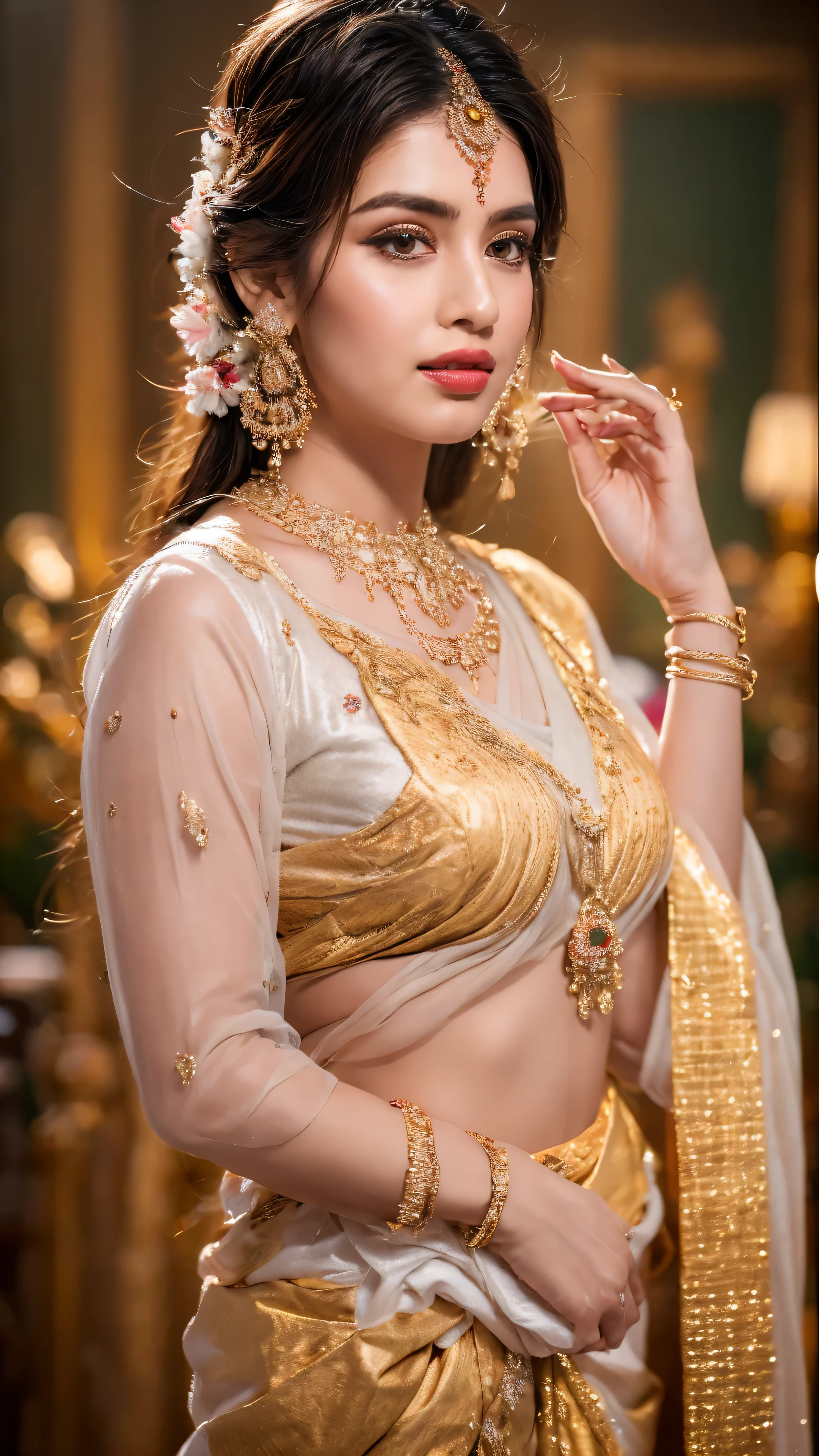 ((Best quality, 8k, Masterpiece :1.3)), Sharp focus :1.2, Generate a realistic image of a beautiful sexy Indian woman dressed in a white Kasava saree, adorned with traditional ornaments, standing in a well-lit room with cinematic lighting. ((Front view, random elegant pose)), and there is a sense of grace and elegance in her posture. The background should complement the scene, enhancing the overall aesthetic appeal of the image. Photography by Brandon Woelfel, Full shot: Canon EF 16-35mm f/2.8L III USM lens on a Canon EOS 5D Mark IV camera, ultra realistic, 32k, HD