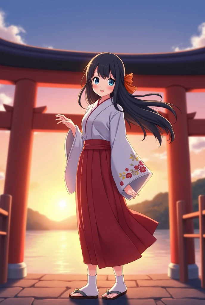 Rikka body, Black Hair, blue eyes, Long Hair, orange Scrunchie, Scrunchie, wrist Scrunchie,smile,blush,White Kimono, kimono,Red Hakama,White tabi,Sandals Wide Sleeve, Long sleeve, Ribbon-trimmed sleeves, Blunt bangs, Low ponytail, Are standing,whole bodyがイラストに入るように,sunset,evening,The sun is setting, break outdoors, shrine,torii, break looking at viewer, whole body, (Cowboy Shot:1. 5), break (masterpiece:1.2), Highest quality, High resolution, unity 8k wallpaper, (figure:0.8), (Beautiful attention to detail:1.6), Highly detailed face, Perfect lighting, Highly detailed CG, (Perfect hands, Perfect Anatomy),
INFO
