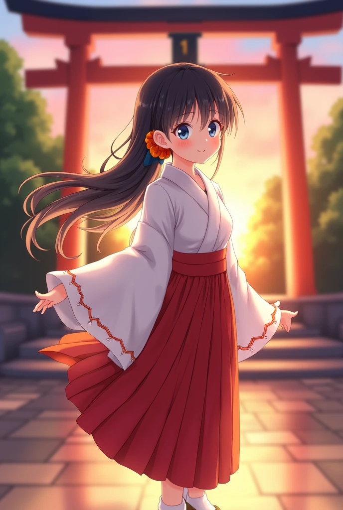 Rikka body, Black Hair, blue eyes, Long Hair, orange Scrunchie, Scrunchie, wrist Scrunchie,smile,blush,White Kimono, kimono,Red Hakama,White tabi,Sandals Wide Sleeve, Long sleeve, Ribbon-trimmed sleeves, Blunt bangs, Low ponytail, Are standing,whole bodyがイラストに入るように,sunset,evening,The sun is setting, break outdoors, shrine,torii, break looking at viewer, whole body, (Cowboy Shot:1. 5), break (masterpiece:1.2), Highest quality, High resolution, unity 8k wallpaper, (figure:0.8), (Beautiful attention to detail:1.6), Highly detailed face, Perfect lighting, Highly detailed CG, (Perfect hands, Perfect Anatomy),
INFO
