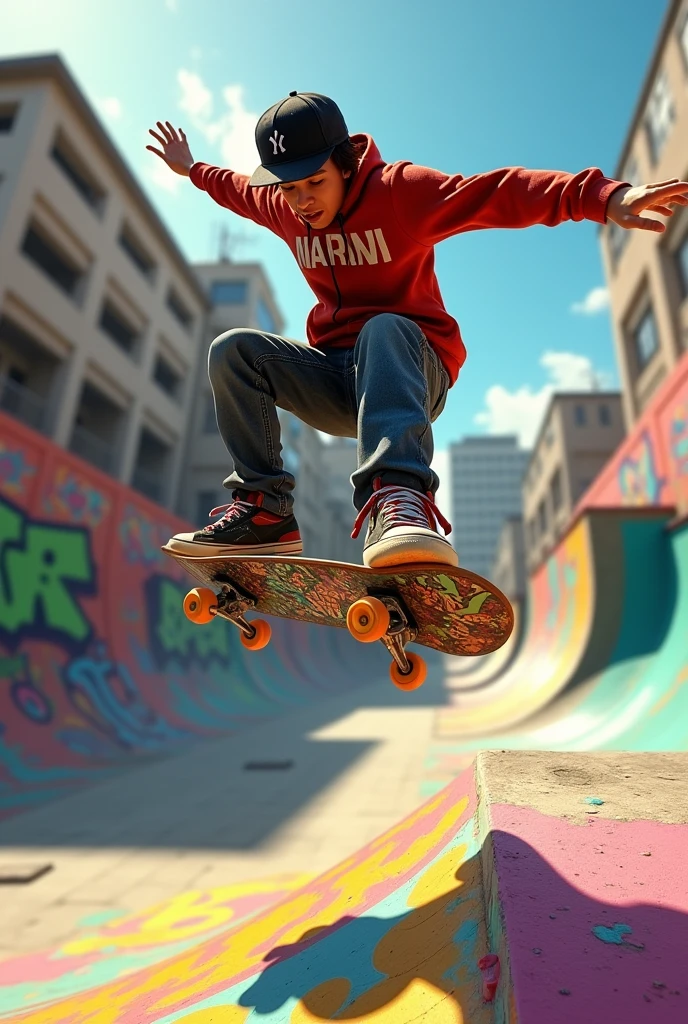 “Create a dynamic and nostalgic scene inspired by Tony Hawk’s Pro Skater 2, featuring a skateboarder performing an incredible trick in a detailed urban skatepark. Ensure (((intricate details))), (((ultra-detailed CG 8k wallpaper))), and the (((best quality))). Make it a (((masterpiece))) with the (((finest illustration))), perfect shadows, and realistic skatepark lighting. Incorporate the vibrant colors and graffiti-inspired textures that evoke the spirit of the game.”