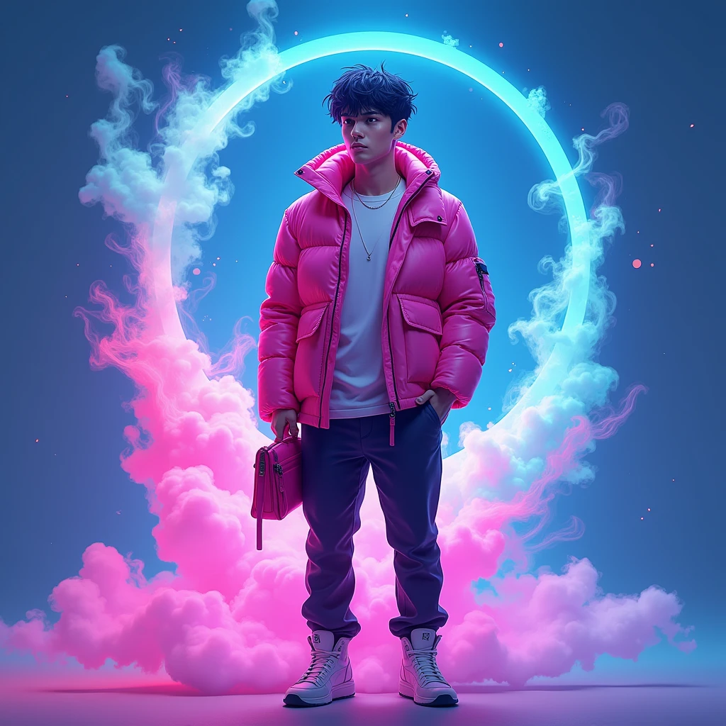 Create a 3D illustration of a man wearing a pink jacket with glowing color, smoke artistically forming a frame edit Photoshop Computer named, blue background, anime style