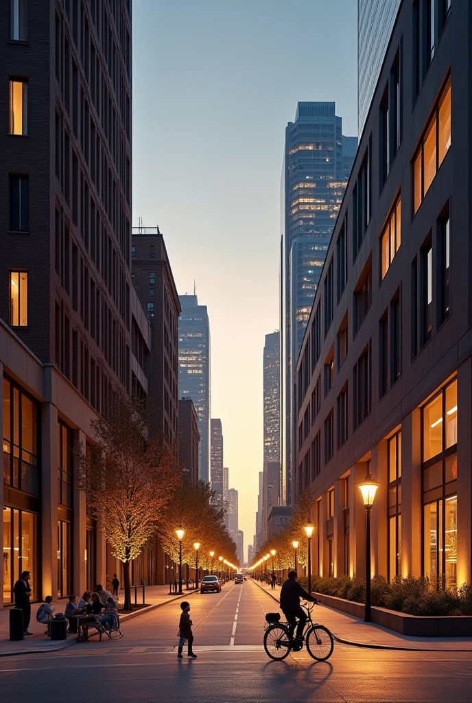 A peaceful and realistic cityscape bathed in soft golden light at night.. the streets are quiet, only a few people walking on the sidewalk, and occasionally there are cyclists passing by. Elegant building, modern and historic,