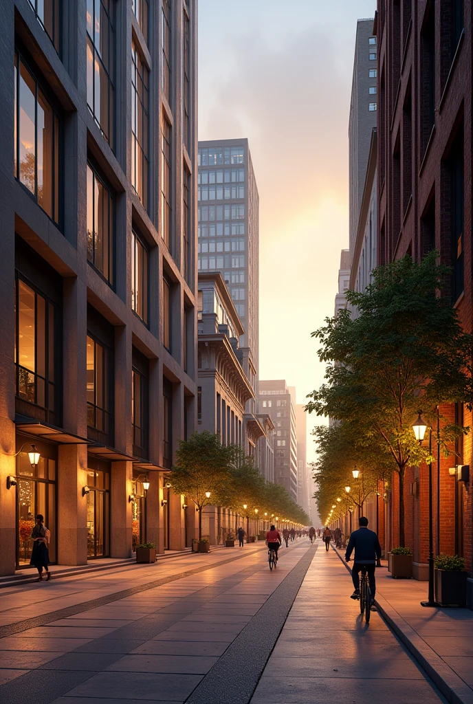 A peaceful and realistic cityscape bathed in soft golden light at night.. the streets are quiet, only a few people walking on the sidewalk, and occasionally there are cyclists passing by. Elegant building, modern and historic,