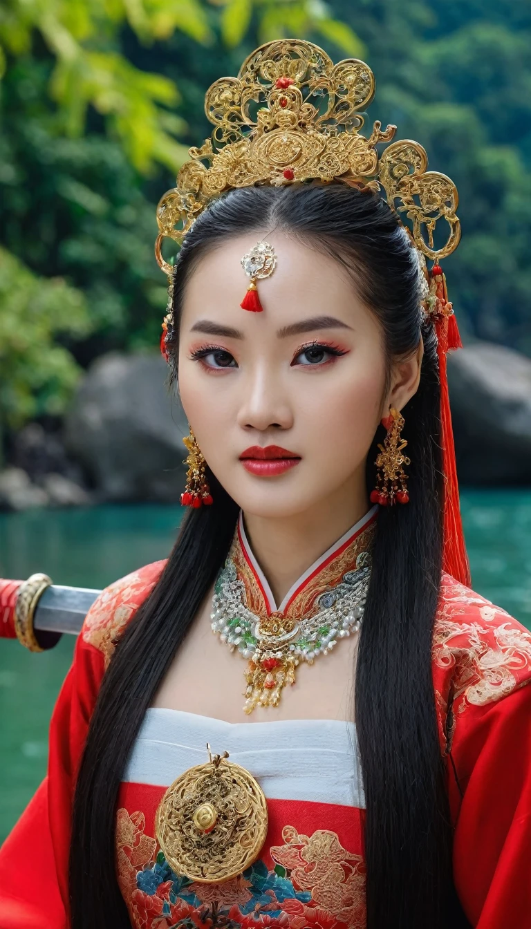 Character Dong Phuong Bat Bai, work Tieu Ngao Giang Ho by Kim Dung, China, ancient swordplay film. ((Close-up photo)) of an extremely beautiful girl, long hair, white skin, very beautiful makeup, hair with spiritual accessories, wearing ancient Chinese costumes of red and red brocade in many colors, holding a ((long sharp sword)), wearing jewelry care, ((smiling face)), using high-end cosmetics. The photo shows a gentle, graceful look, the girl's eyes ((look straight directly to the camera)).
The background is the rocks on the river surrounded by trees, limestone pillars, mountain river trees, majestic natural scenery, beautiful Vietnamese jungle, beautiful nature in the background, Chinese scenery, forest and river, very beautiful scenery, beautiful jungle scenery, wonderful scenery, trees and cliffs. Background of the river forest, mountain forest scenery, beautiful jungle, blue sky, white clouds.
Hong Kong cinema style. Cinematic light, high detail, 8K, artstation, artistic concept, any virtual darkness. Photo taken with Canon EOS R5 85mm f/11 camera, ((sharp)) mode of people and surroundings. Photo quality ((8K)), ((realistic)), ((masterpiece)), ((sharpest and highest contrast)), ((amazing depth of field)), ((stereoscopic light)), detailed pore defect, ((Direct light on face)), bright sunlight.