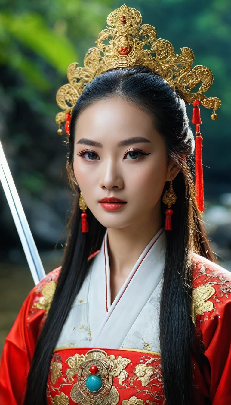 Character Dong Phuong Bat Bai, work Tieu Ngao Giang Ho by Kim Dung, China, ancient swordplay film. ((Close-up photo)) of an extremely beautiful girl, long hair, white skin, very beautiful makeup, hair with spiritual accessories, wearing ancient Chinese costumes of red and red brocade in many colors, holding a ((long sharp sword)), wearing jewelry care, ((smiling face)), using high-end cosmetics. The photo shows a gentle, graceful look, the girl's eyes ((look straight directly to the camera)).
The background is the rocks on the river surrounded by trees, limestone pillars, mountain river trees, majestic natural scenery, beautiful Vietnamese jungle, beautiful nature in the background, Chinese scenery, forest and river, very beautiful scenery, beautiful jungle scenery, wonderful scenery, trees and cliffs. Background of the river forest, mountain forest scenery, beautiful jungle, blue sky, white clouds.
Hong Kong cinema style. Cinematic light, high detail, 8K, artstation, artistic concept, any virtual darkness. Photo taken with Canon EOS R5 85mm f/11 camera, ((sharp)) mode of people and surroundings. Photo quality ((8K)), ((realistic)), ((masterpiece)), ((sharpest and highest contrast)), ((amazing depth of field)), ((stereoscopic light)), detailed pore defect, ((Direct light on face)), bright sunlight.