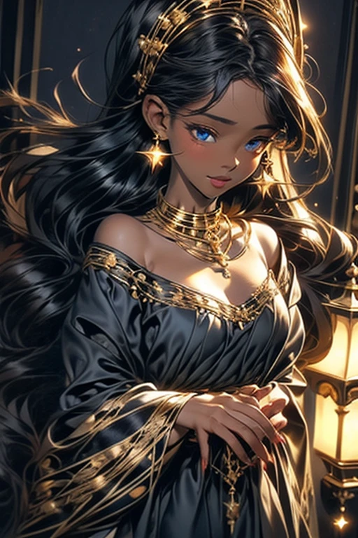 lamplight, Close-up cleavage, beautiful woman, gold eyes, (Detailed eyes, The eyes are bright), Long black hair, pale-skinned, earrings, necklace, medium skin, dark blue dress, Meticulous gown, golden accessories on clothes, dark blue flowers as hair accessories (perfect anatomia), Highqualityshadow, natural  lightting, (White highlights),overcast day, (starrysky), (shining)