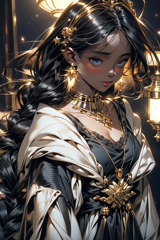 lamplight, Close-up cleavage, beautiful woman, gold eyes, (Detailed eyes, The eyes are bright), Long black hair, pale-skinned, earrings, necklace, medium skin, dark blue dress, Meticulous gown, golden accessories on clothes, dark blue flowers as hair accessories (perfect anatomia), Highqualityshadow, natural lightting, (White highlights),overcast day, (starrysky), (shining)