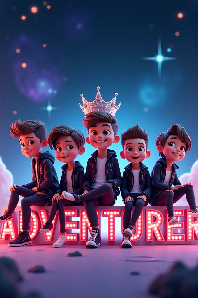 3D Animated of  four handsome boys and 2 cute girls seating in text "ADVENTURER" with Crown . Wearing black and white jacket . the background is outer space