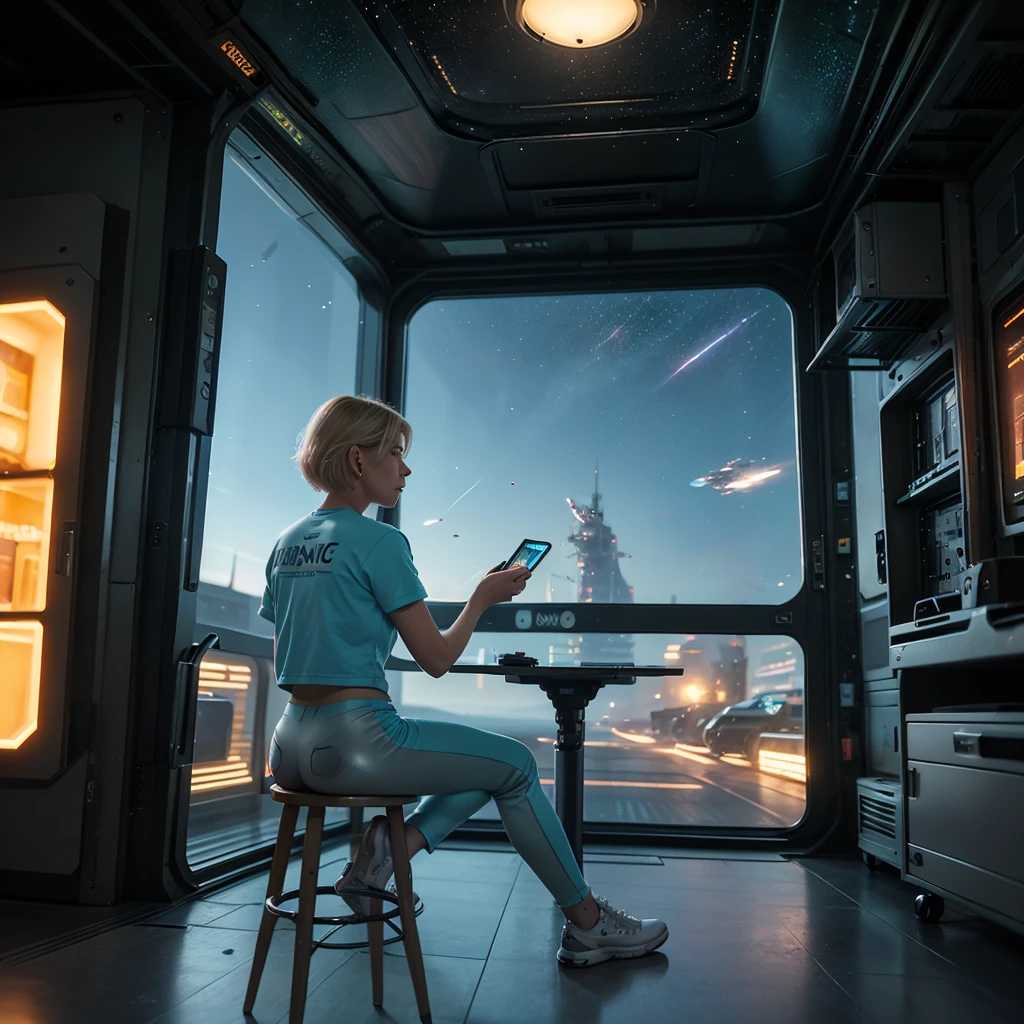 35 year old aged skin, ((gorgeous realistic short hair blonde female 35 years age in a realistic futuristic space station)), in a large room, Night time, ((playing Computer Games)), ((sitting on a stool with display and glowing control surfaces)), she is wearing a teal and grey track suit, (photorealistic), (in light grey and teal T Shirt and slacks), (Style-Glass), (()), hdr, antialiased, 8k, ((syd mead)), sharp details, ((masterpiece)), (painterly), (good anatomy), (good proportions), (good composition), (dramapaint), (style-sylvamagic) you can see stars and nebula from the window, she is layed back and cruising