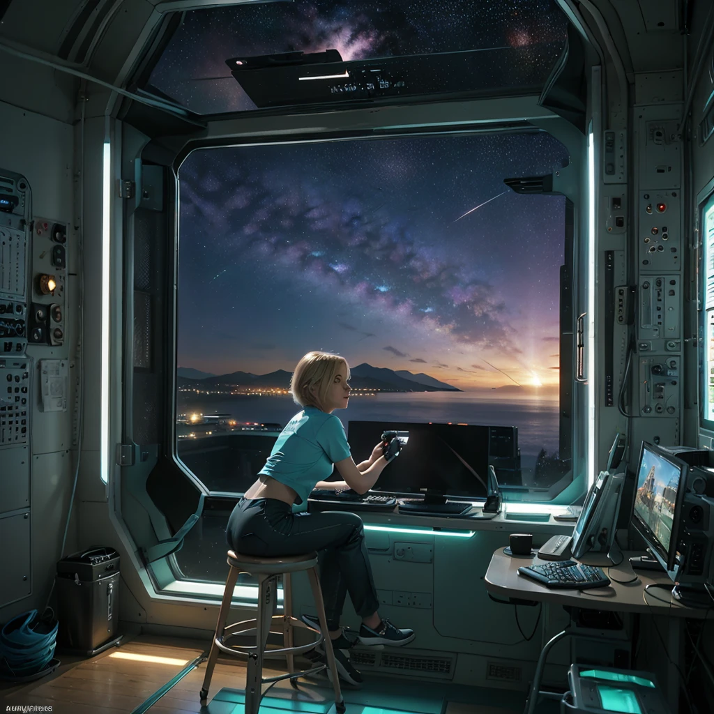 35 year old aged skin, ((gorgeous realistic short hair blonde female 35 years age in a realistic futuristic space station)), in a large room, Night time, ((playing Computer Games)), ((sitting on a stool with display and glowing control surfaces)), she is wearing a teal and grey track suit, (photorealistic), (in light grey and teal T Shirt and slacks), (Style-Glass), (()), hdr, antialiased, 8k, ((syd mead)), sharp details, ((masterpiece)), (painterly), (good anatomy), (good proportions), (good composition), (dramapaint), (style-sylvamagic) you can see stars and nebula from the window, she is layed back and cruising