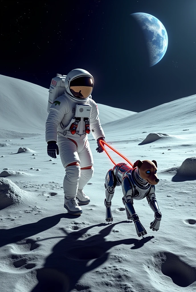 an astronaut walking on the moon, holding a leash leading a robotic dog, with the dog trotting happily on the lunar terrain.