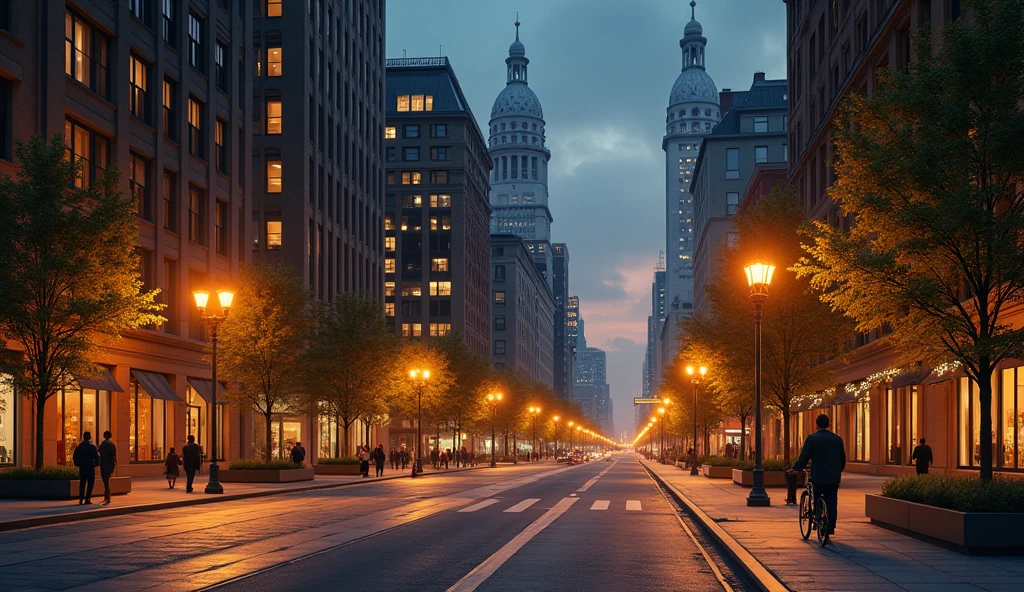 A peaceful and realistic cityscape bathed in soft golden light at night.. the streets are quiet, only a few people walking on the sidewalk, and occasionally there are cyclists passing by. Elegant building, modern and historic,