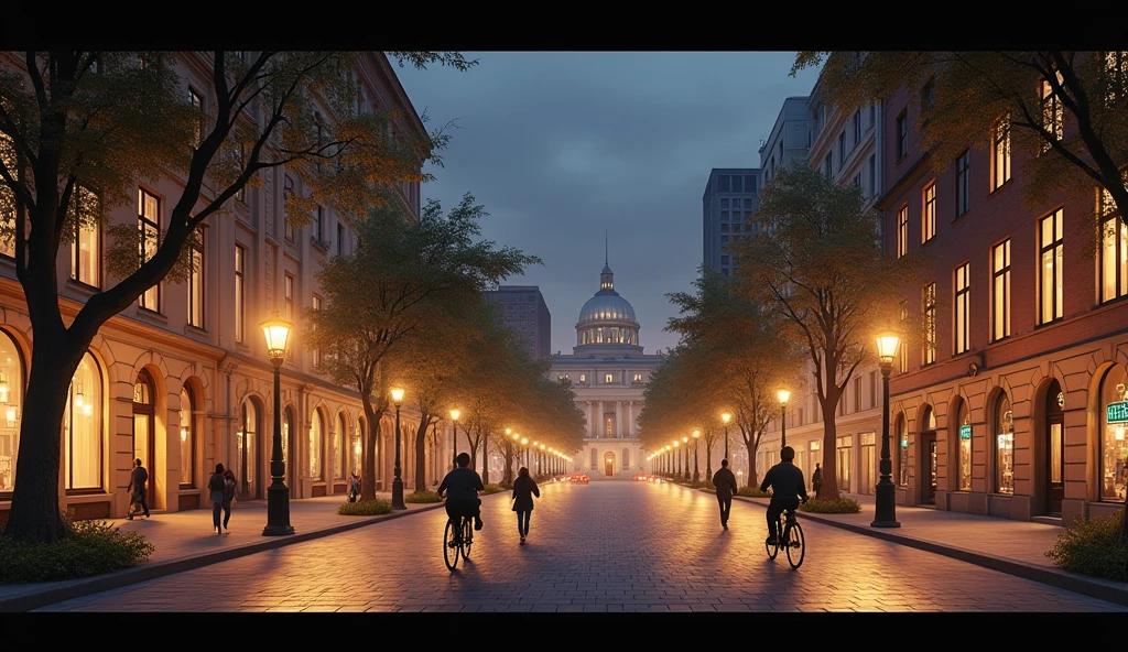 A peaceful and realistic cityscape bathed in soft golden light at night.. the streets are quiet, only a few people walking on the sidewalk, and occasionally there are cyclists passing by. Elegant building, modern and historic,