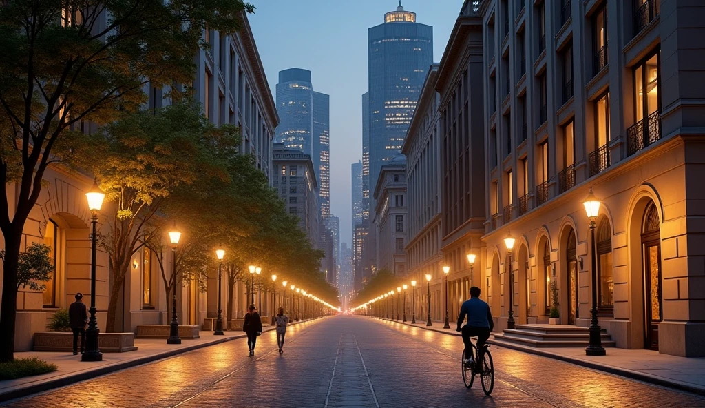 A peaceful and realistic cityscape bathed in soft golden light at night.. the streets are quiet, only a few people walking on the sidewalk, and occasionally there are cyclists passing by. Elegant building, modern and historic,