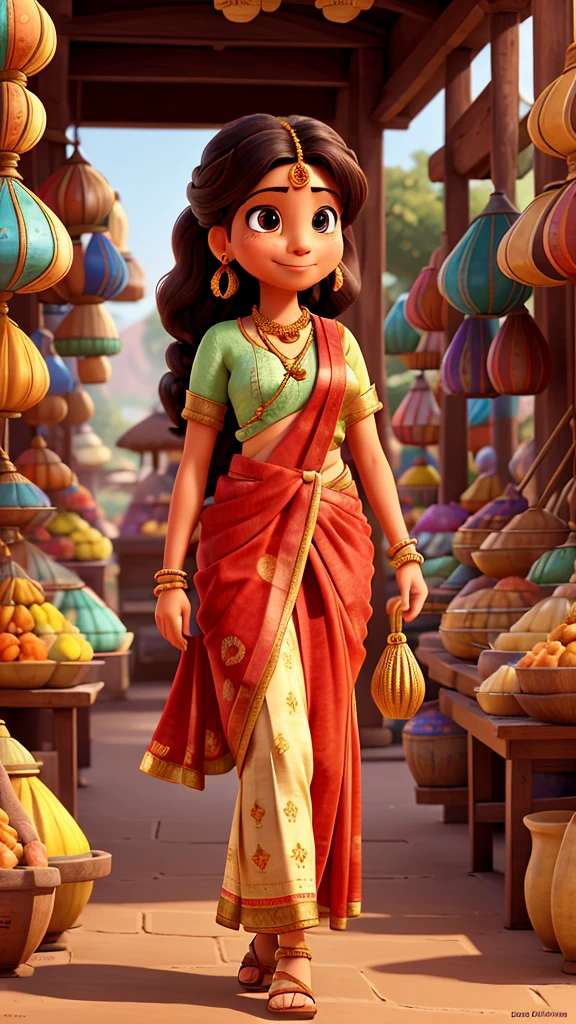 "Envision a calm natural earthy color scene: a middle-aged, middle-class Rajasthani Marwari woman, aged 40-55, with a warm smile, shopping for Indian adornment elements in a bustling wholesale market. She wears a simple indian red saree, adorned with steel jewelry, a delicate bindi, and a dupatta elegantly draped over her hair, showcasing her cultural heritage. Her hair is styled in a traditional Marwari manner, adding to her authenticity. The market, filled with an array of colorful jewelry and bangles, is set against the striking backdrop of a desert landscape. Transform this scene into a captivating Disney-Pixar-style image, blending realistic textures with cartoonish charm. Emphasize the woman's excitement, the vibrant market, and the intricate details of her attire and surroundings. Output a high-resolution image with a warm, natural color palette and dynamic lighting, reminiscent of a scene from a Disney-Pixar film."