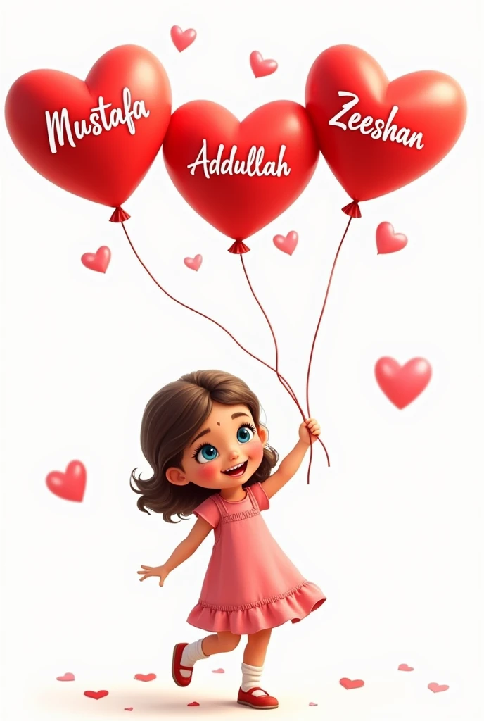 three red hearts baloon in a hand of cut girl with white background and the first one write Mustafa and second Abdullah and third Zeeshan