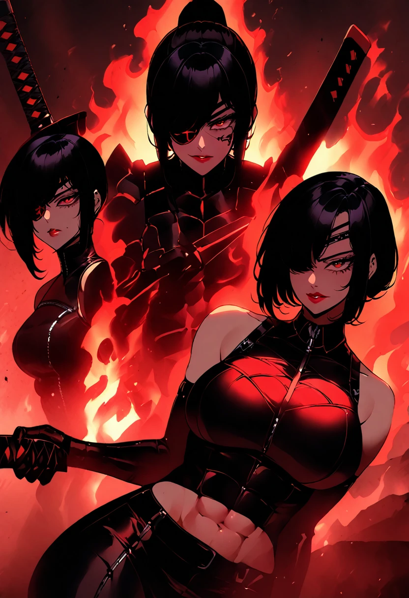 ((score_9, score_8_up, score_7_up, score_6_up), (adult, seductive face, seductive expression), action pose, ponytail black hair, hair over eye, abs, big breasts, eyepatch, red eyes, red lips, eyeliner, tight leather armor, sleeveless, holding sword, firebreathing, flame aura, Nyantcha Style, desert road, source_anime,