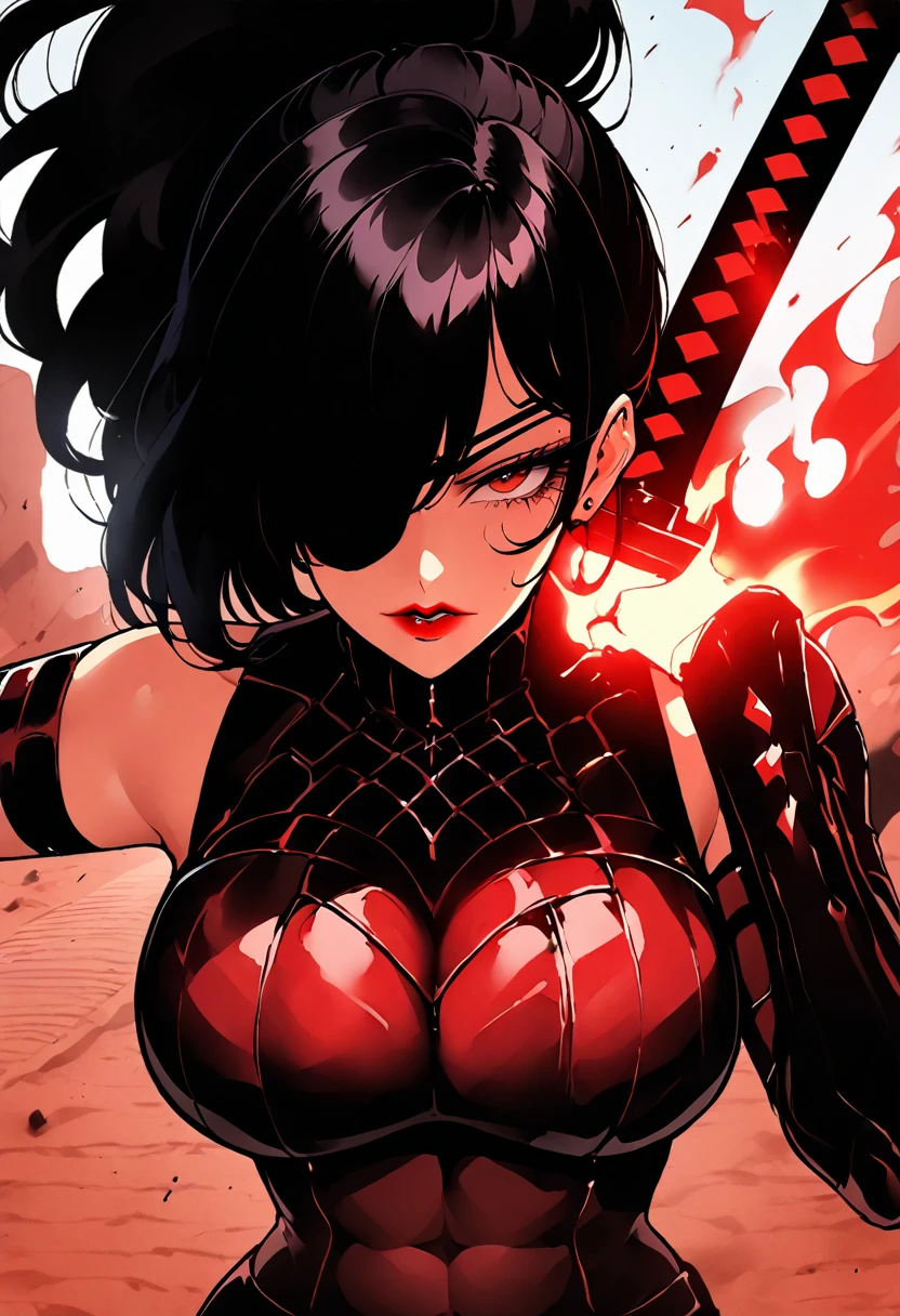 ((score_9, score_8_up, score_7_up, score_6_up), (adult, seductive face, seductive expression), action pose, ponytail black hair, hair over eye, abs, big breasts, eyepatch, red eyes, red lips, eyeliner, tight leather armor, sleeveless, holding sword, firebreathing, flame aura, Nyantcha Style, desert road, source_anime,