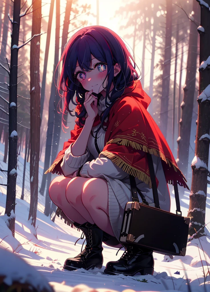 aihoshino, Ai Hoshino, Long Hair, bangs, (Purple eyes:1.1), Purple Hair, (Symbol-shaped pupil:1.5), smile,,smile,blush,white breath,
Open your mouth,snow,Ground bonfire, Outdoor, boots, snowing, From the side, wood, suitcase, Cape, Blurred, , forest, White handbag, nature,  Squat, Mouth closed, Cape, winter, Written boundary depth, Black shoes, red Cape break looking at viewer, Upper Body, whole body, break Outdoor, forest, nature, break (masterpiece:1.2), Highest quality, High resolution, unity 8k wallpaper, (shape:0.8), (Beautiful and beautiful eyes:1.6), Highly detailed face, Perfect lighting, Highly detailed CG, (Perfect hands, Perfect Anatomy),