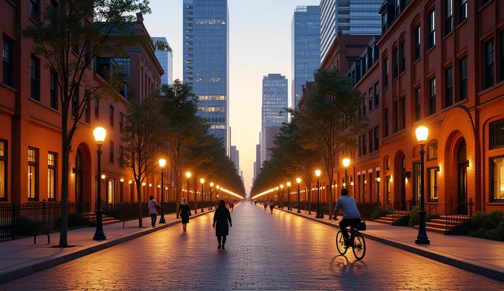 A peaceful and realistic cityscape bathed in soft golden light at night.. the streets are quiet, only a few people walking on the sidewalk, and occasionally there are cyclists passing by. Elegant building, modern and historic,